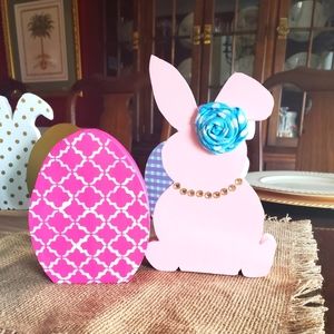 Easter Bunny and Egg Set Wooden Handmade Pretty in Pink